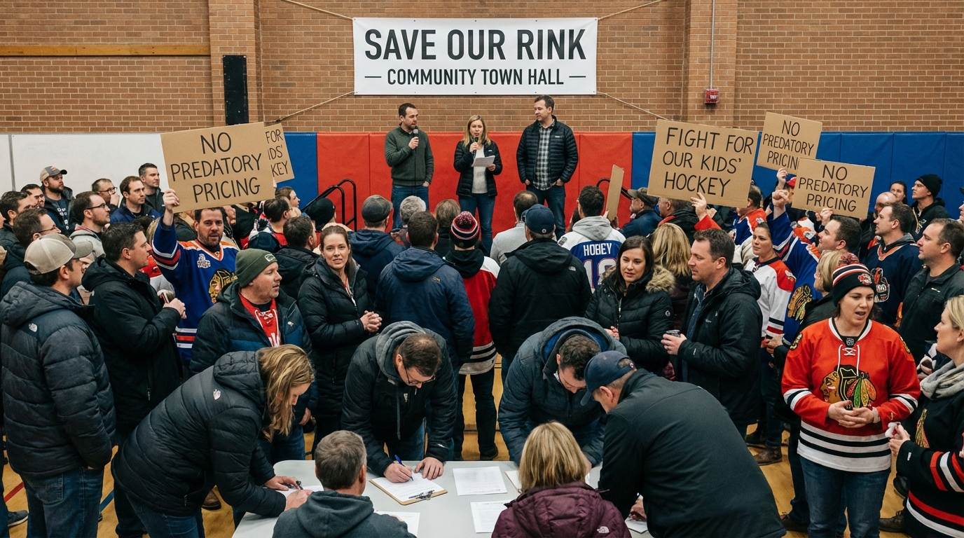 Angry parents protesting youth hockey costs at a crowded town hall meeting