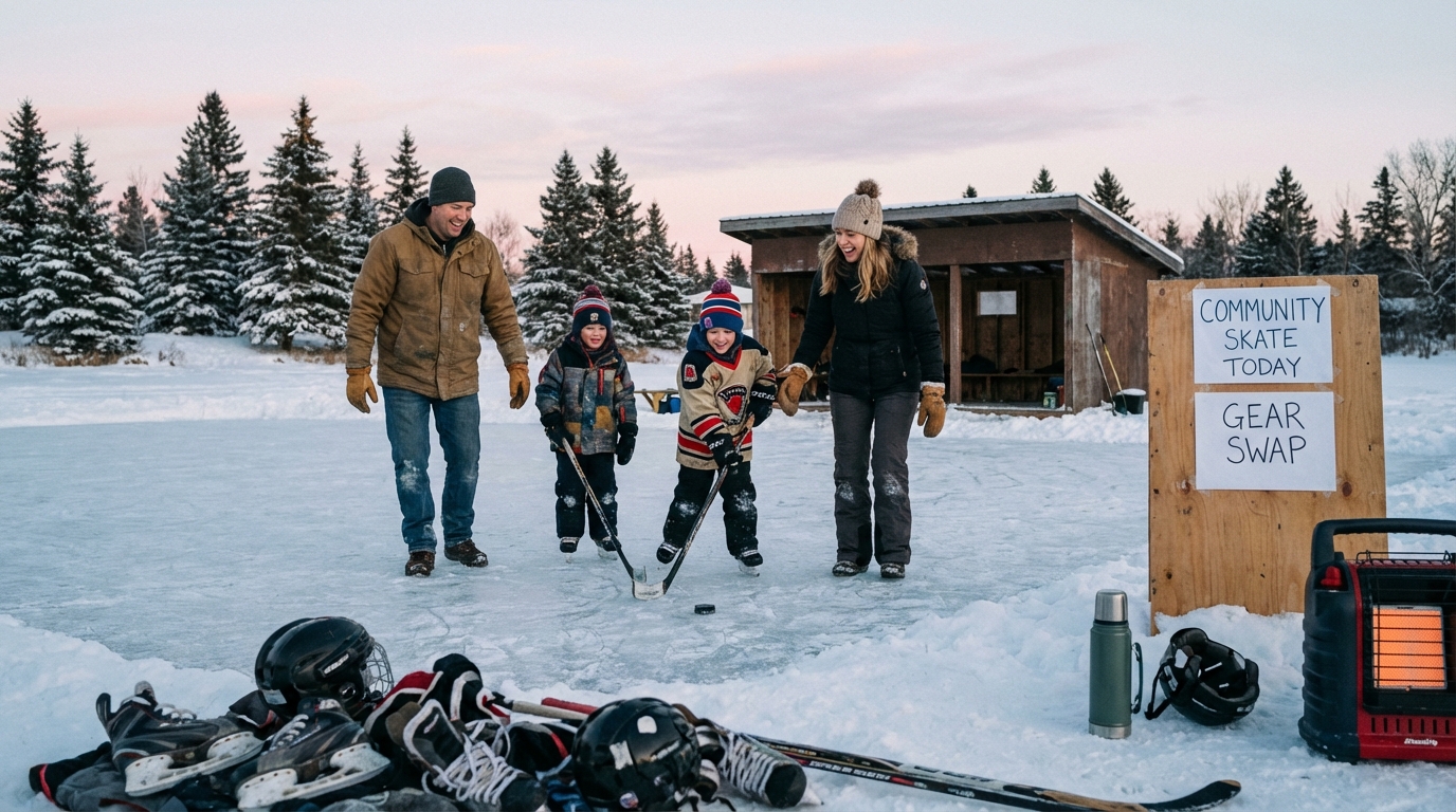 Father and daughter playing joyful pond hockey at sunset in an outdoor snowy backyard rink