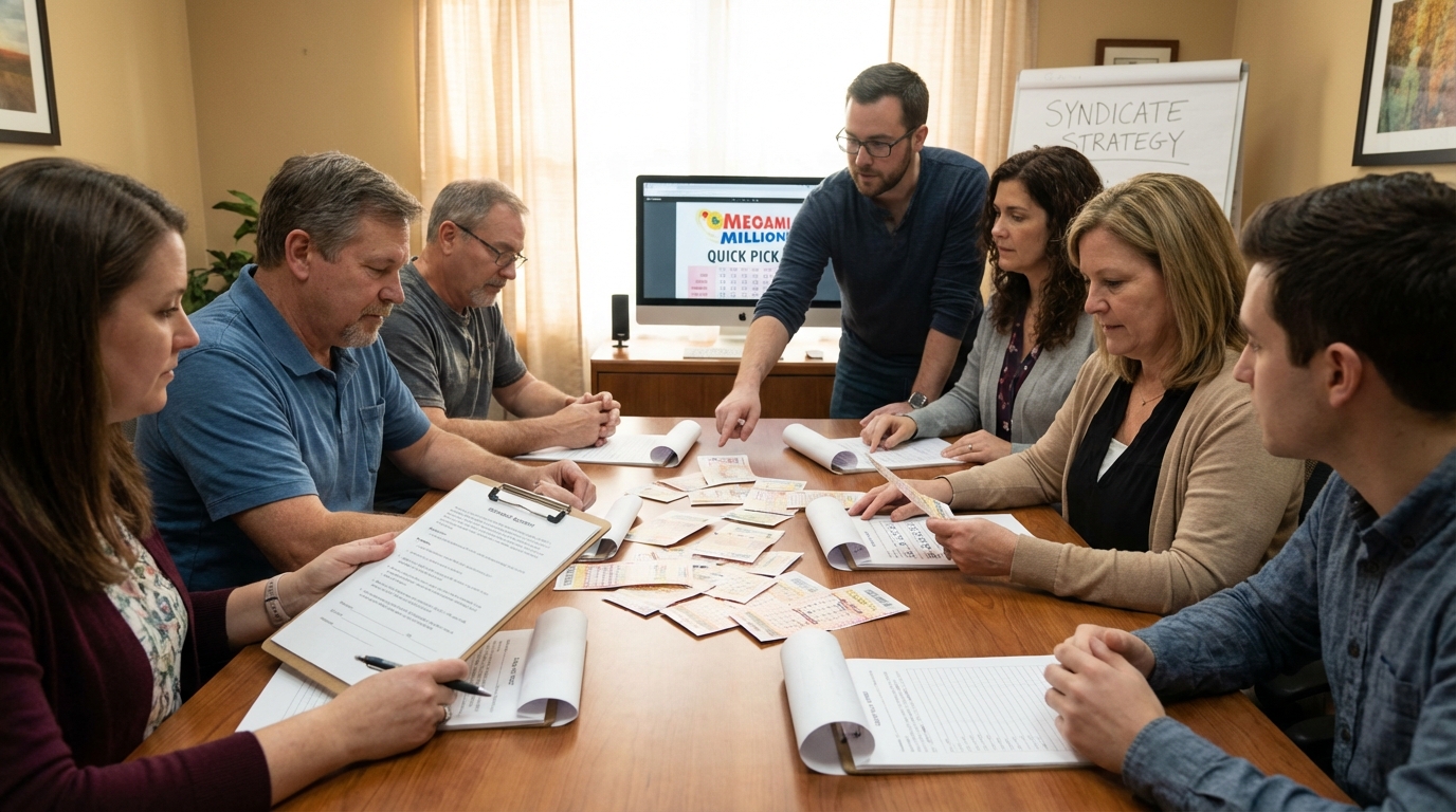 Group of office coworkers collecting money for a lottery pool