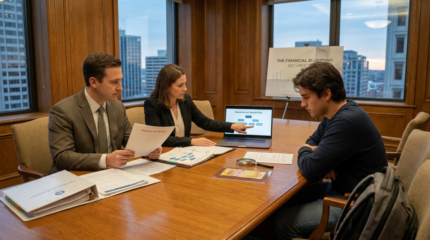 Lottery winner meeting with a financial advisor and lawyer