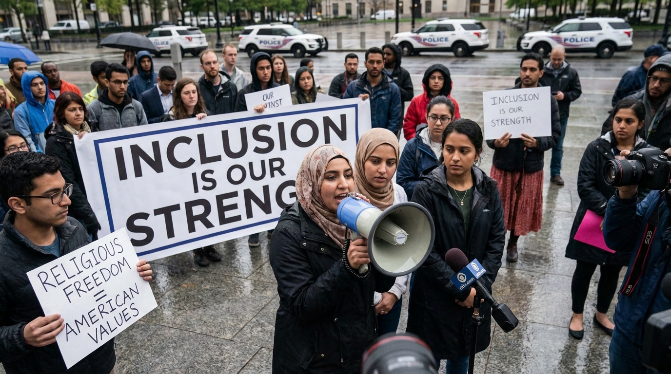 A diverse and united crowd of citizens representing American diversity standing peacefully together.