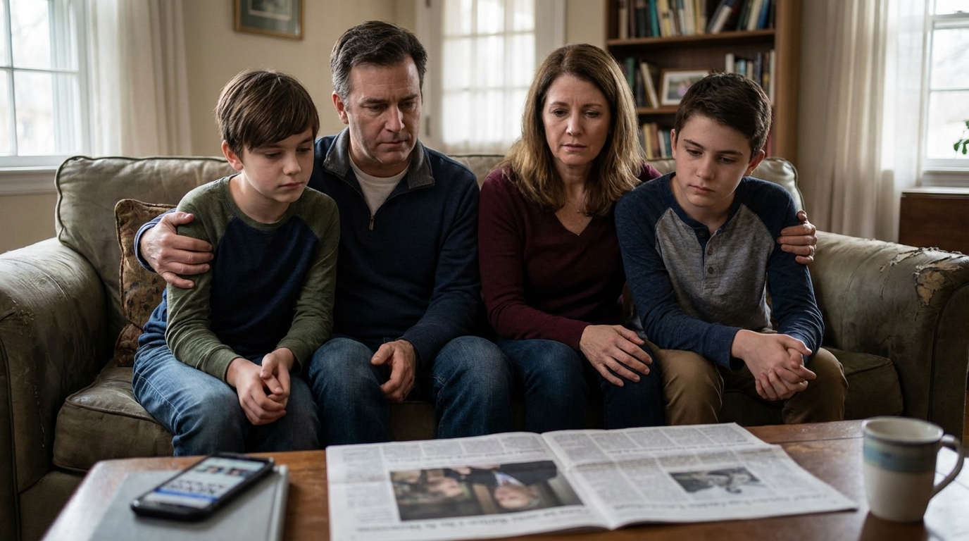 A supportive family engaged in a thoughtful and comforting conversation in their living room.