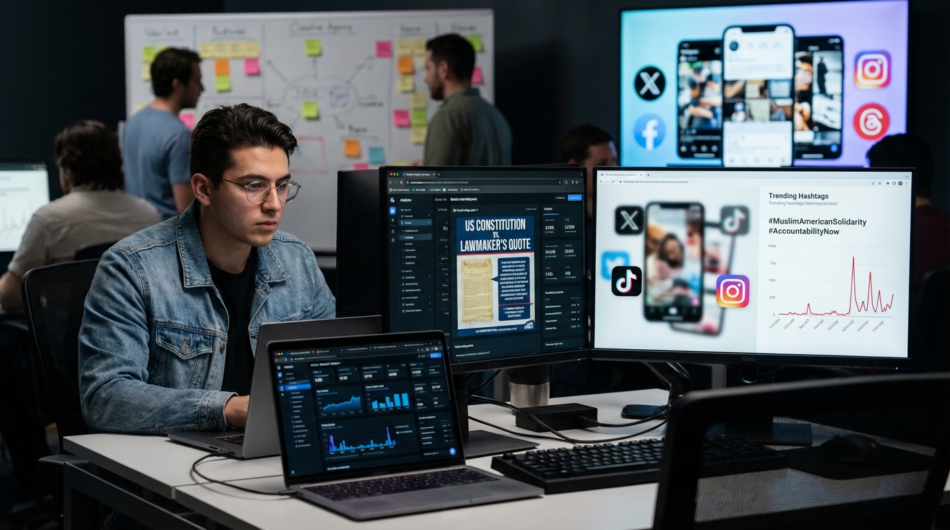 Close-up of a person holding a smartphone viewing trending social media news and civic engagement posts.