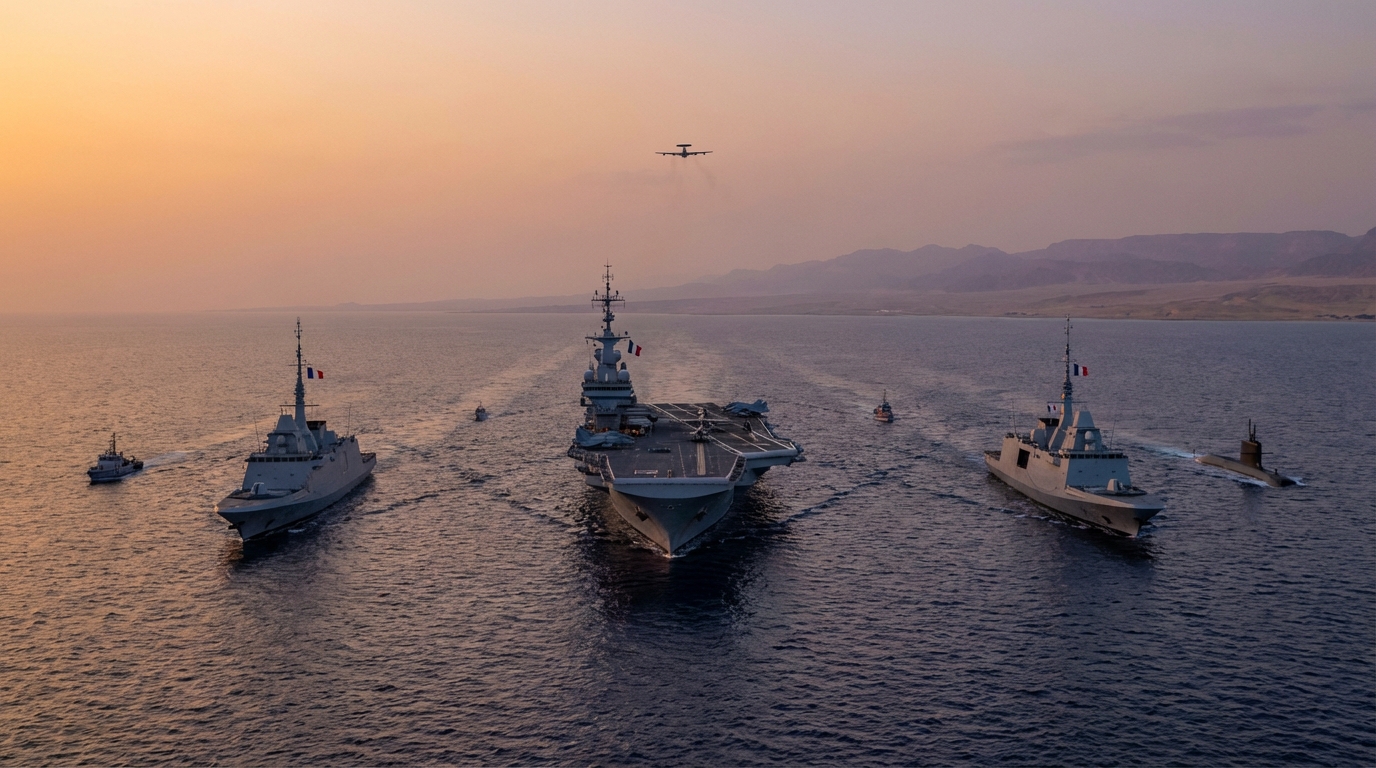 French aircraft carrier and naval fleet sailing under a dramatic stormy sunset sky in the Middle East