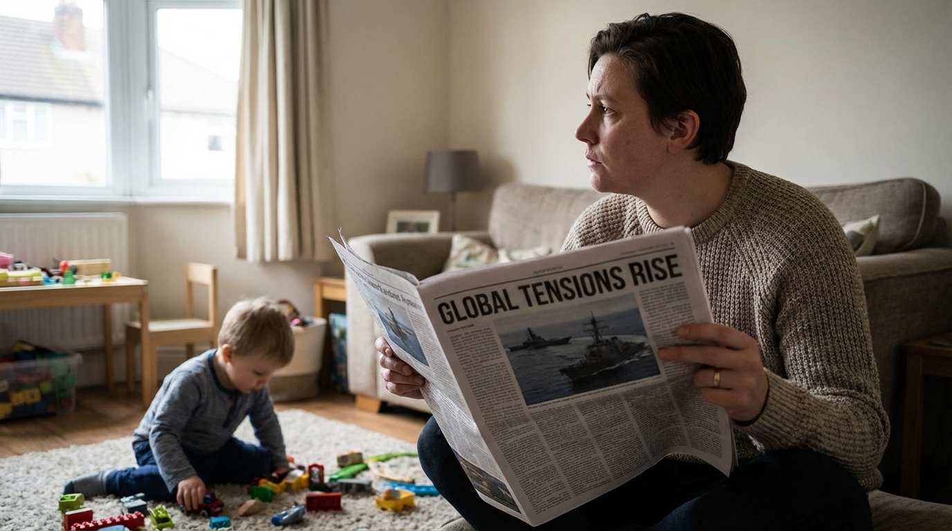 Family sitting in their living room looking at global news on a tablet