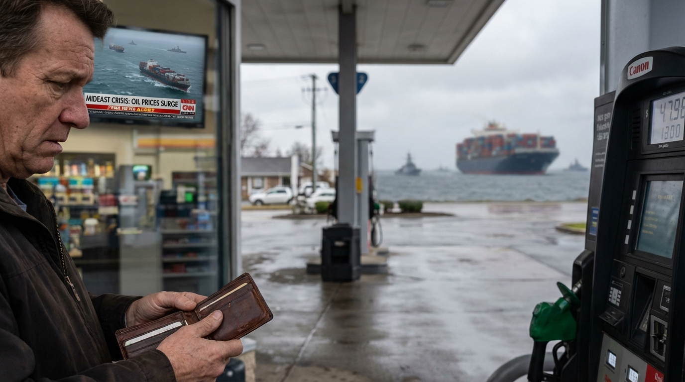 Person holding grocery bills in front of a busy international cargo shipping port