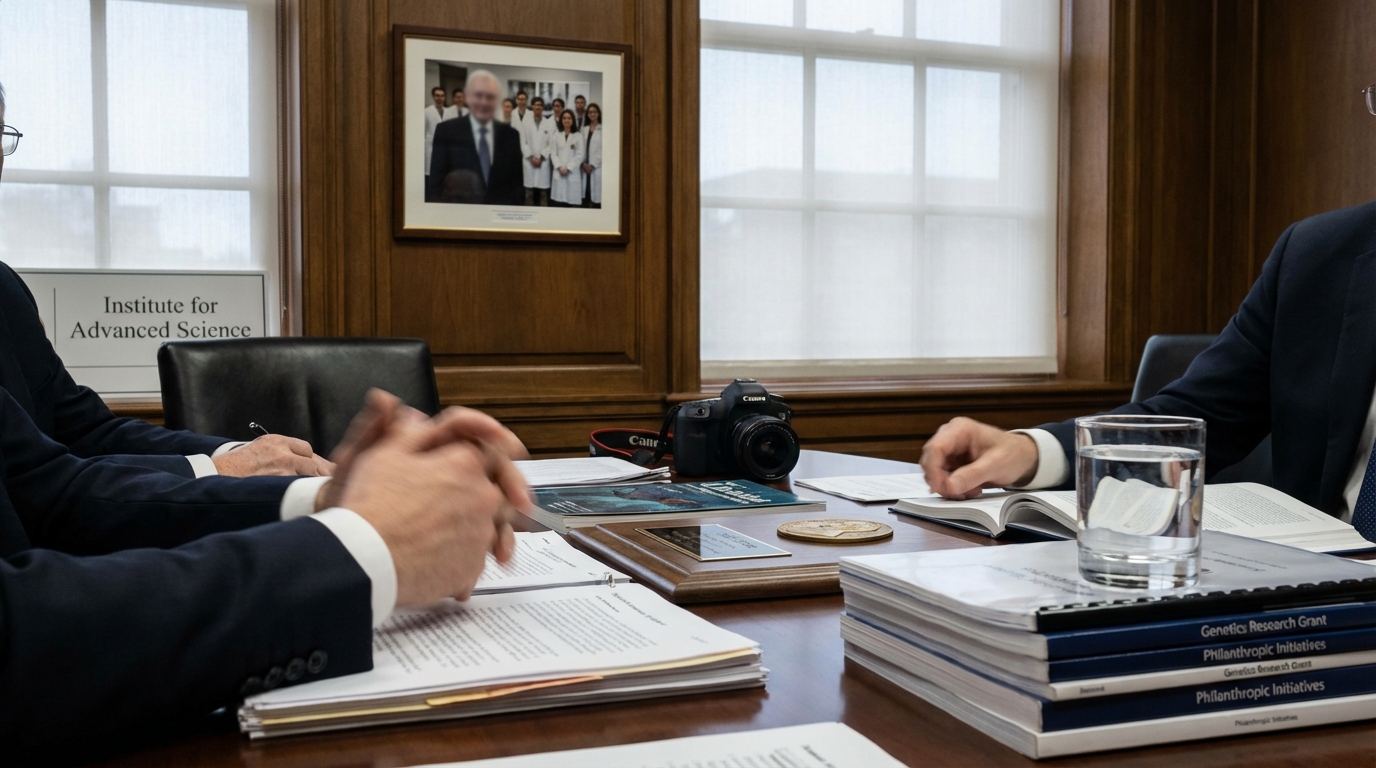 Silhouette of a man influencing a science lab, symbolizing reputation laundering through academia