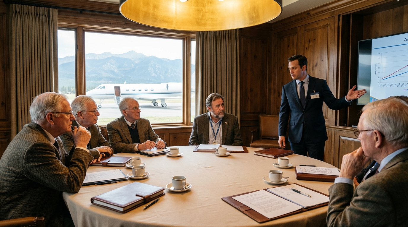 Elite gathering of scientists and businessmen in a glass conference room