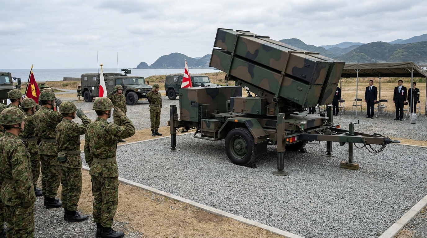 Japanese Self-Defense Force mobile missile launcher on a coast with Mount Fuji in the background