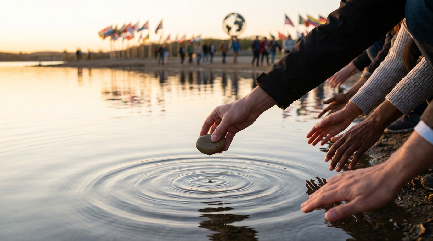 Family in Tokyo walking under a conceptual digital security shield