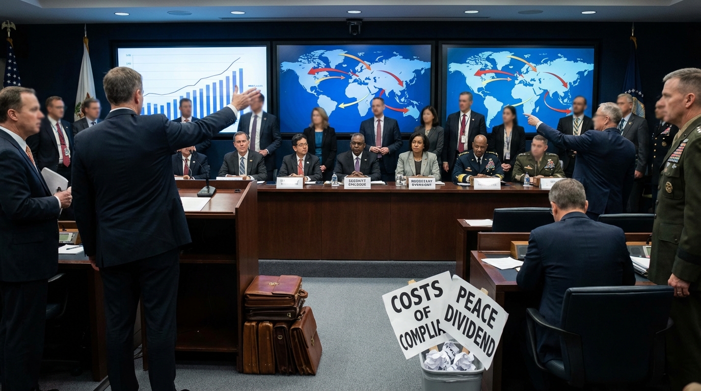 Diplomatic negotiation table with defense budget documents and maps