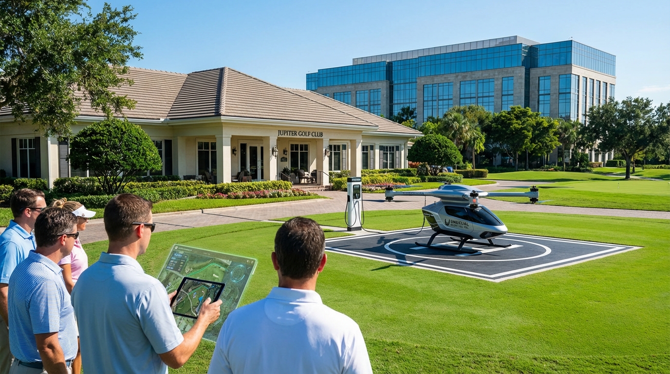 A drone resting on a luxury golf course fairway at sunset