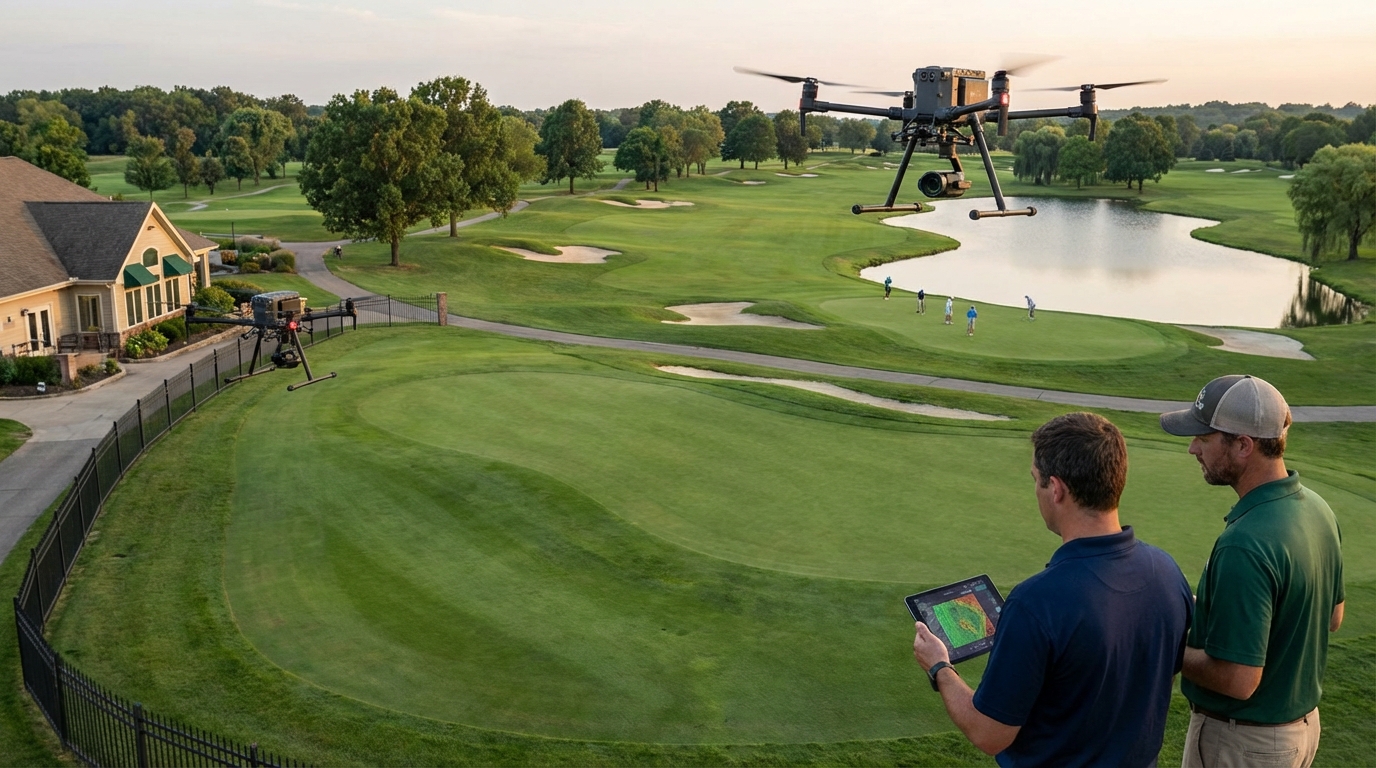 Drone scanning golf course turf for maintenance data