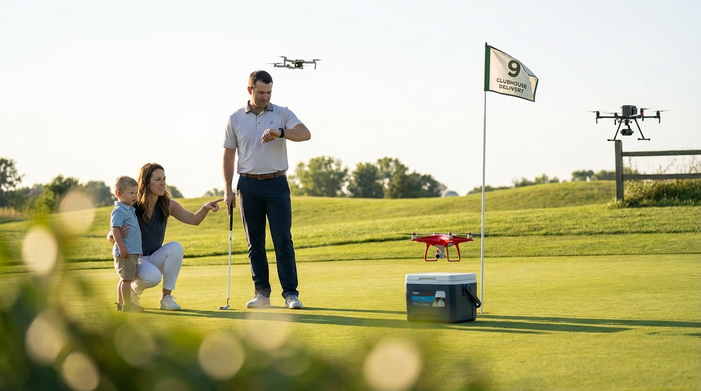Family on golf course watching a drone deliver water