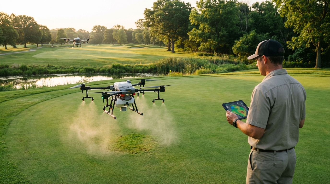 Precision agriculture drone maintaining golf course grass