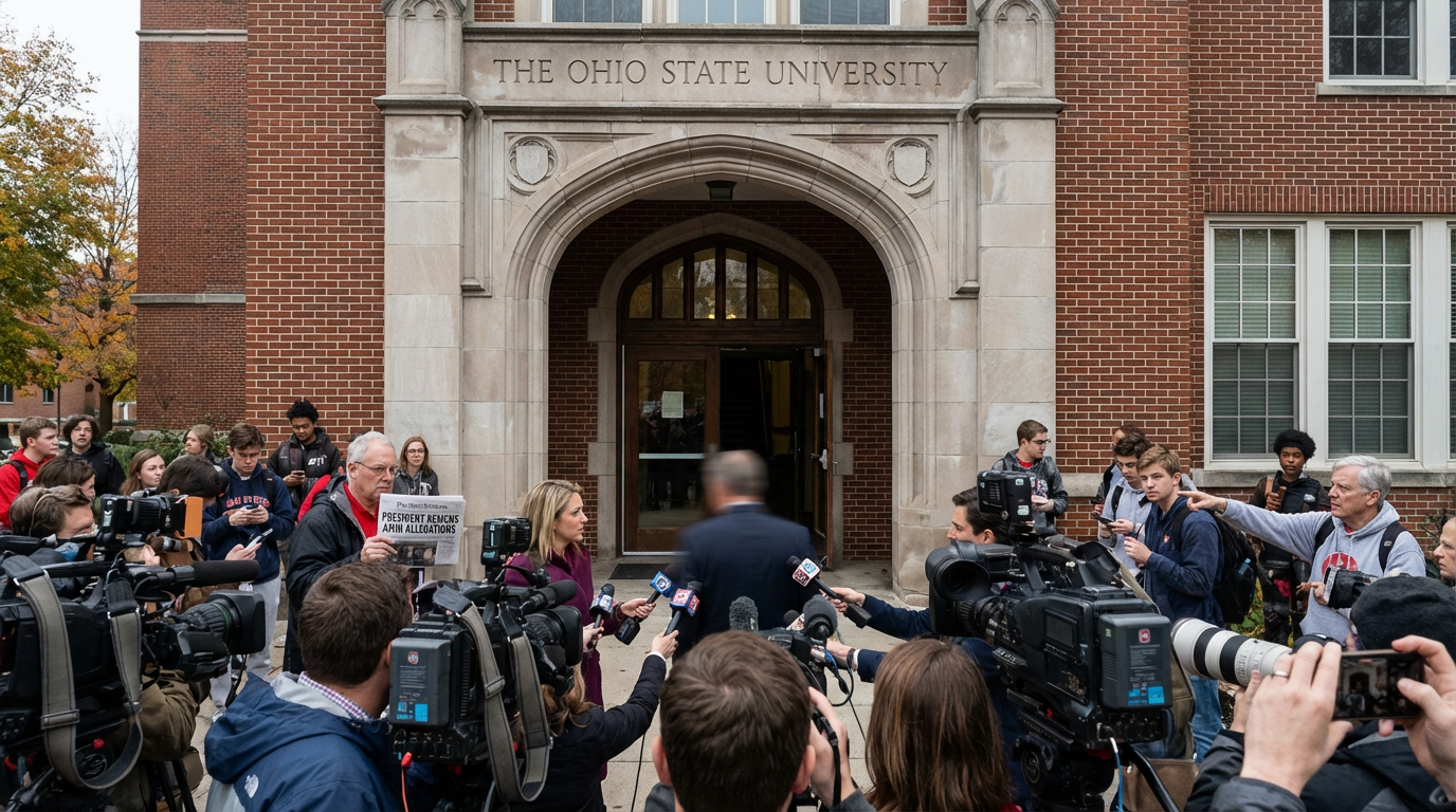 Ohio State University campus building at sunset representing a somber atmosphere.