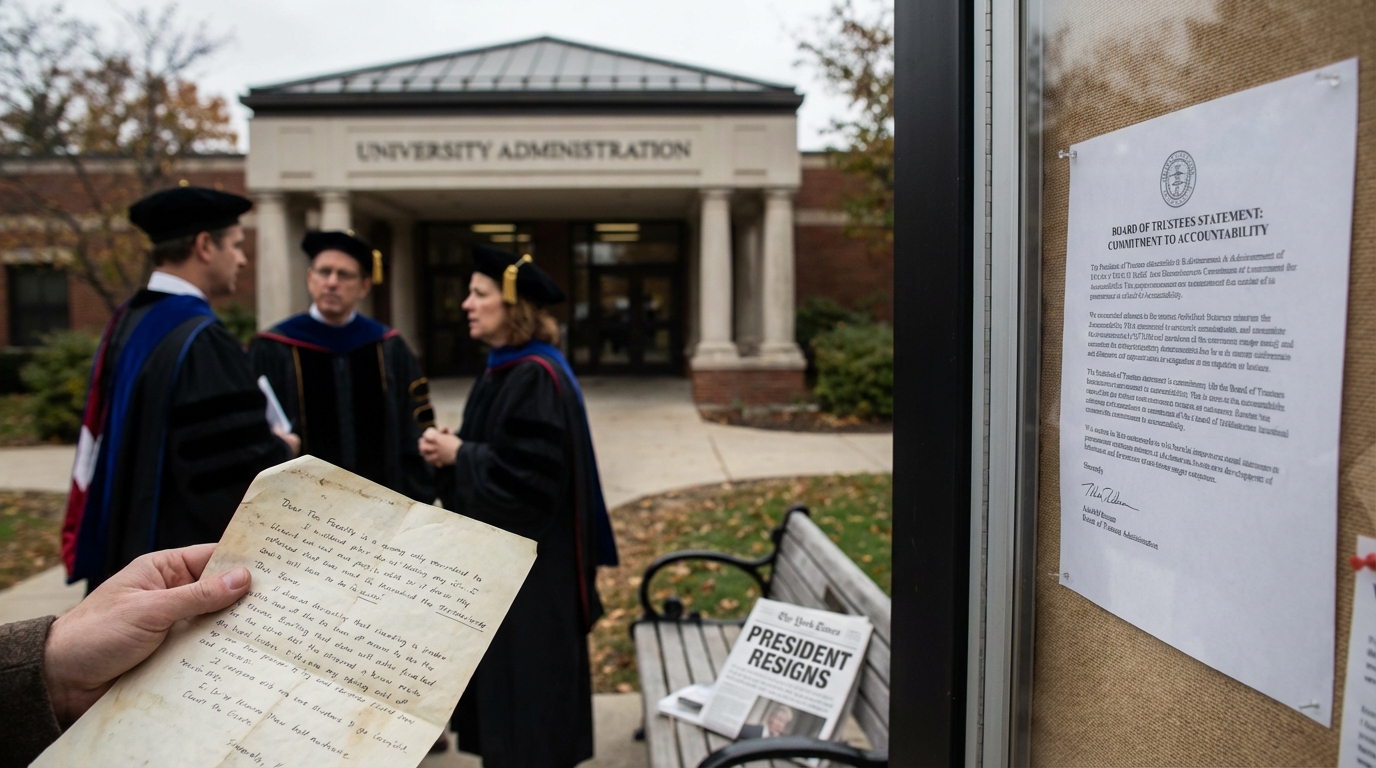 An empty boardroom chair representing the sudden resignation of a university leader.