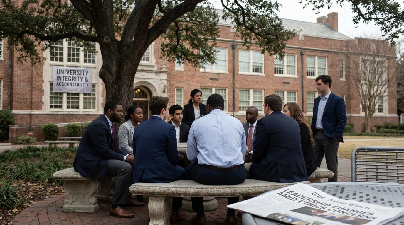 University students engaged in discussion on campus regarding recent news.