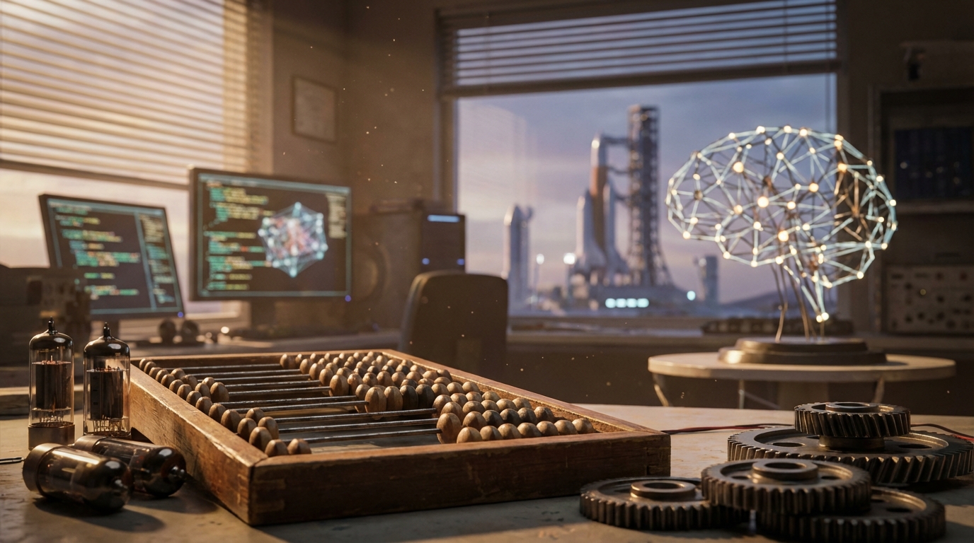 A conceptual transition from ancient computing tools to futuristic artificial intelligence.