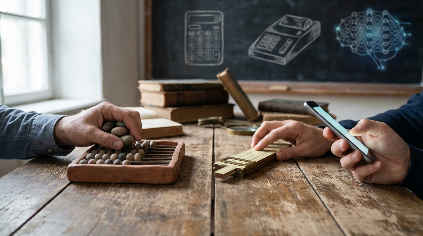 An ancient abacus with a digital binary overlay symbolizing the roots of computing.