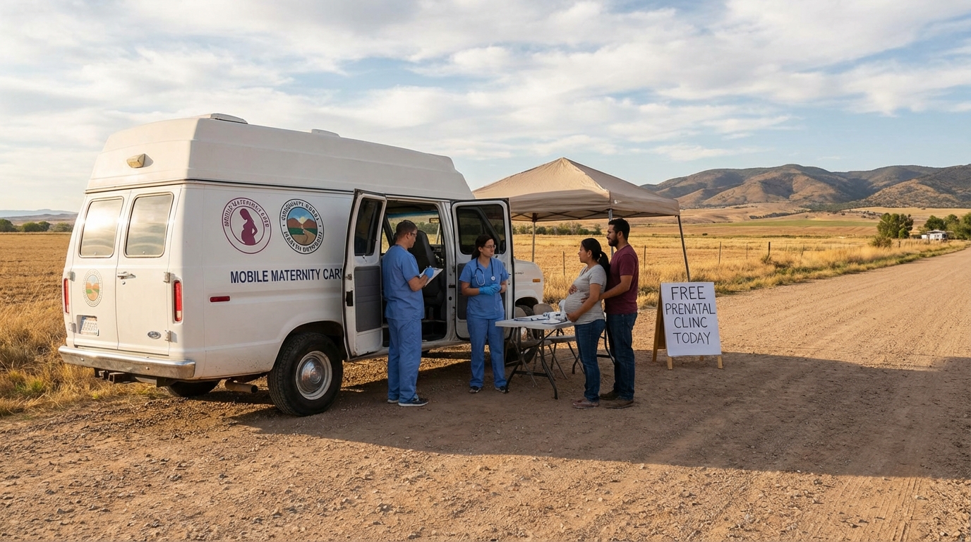 A modern mobile maternity clinic van parked in a rural community setting with healthcare workers.