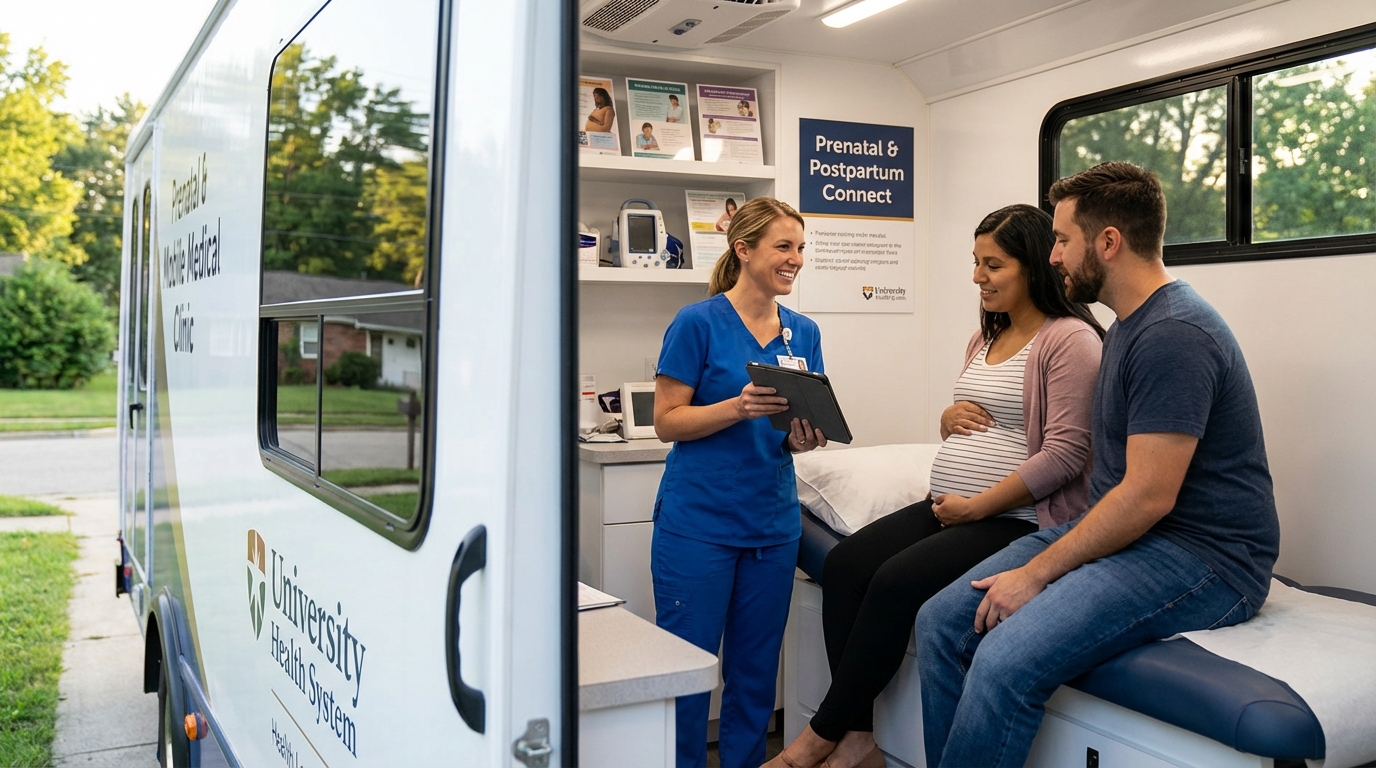 A doctor offering comfort and support to a pregnant patient during a checkup.