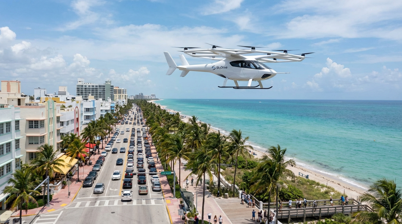 A futuristic Japanese eVTOL aircraft flying over the Miami skyline at sunset.