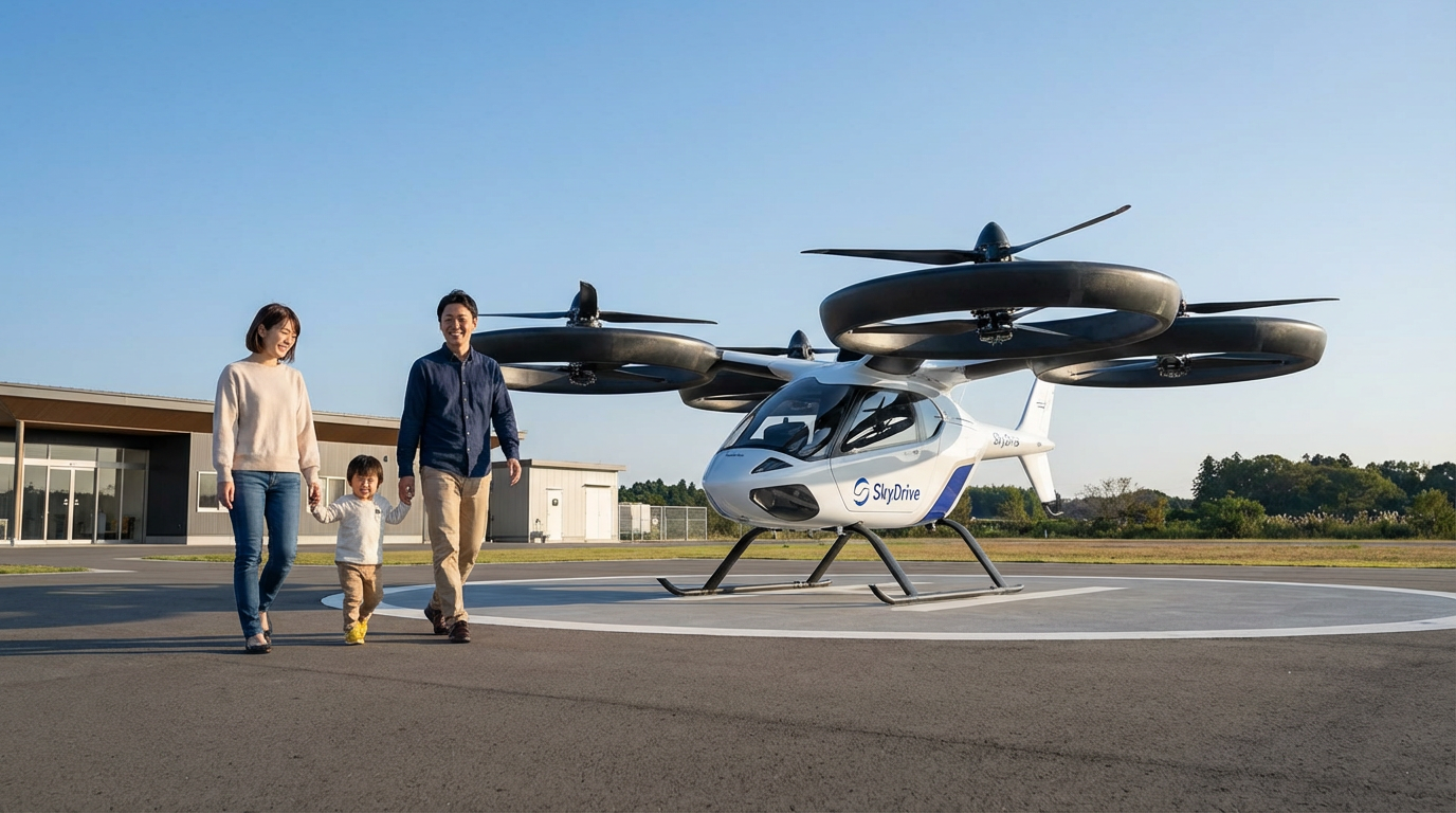 A family preparing to board a modern electric vertical take-off and landing vehicle in Florida.