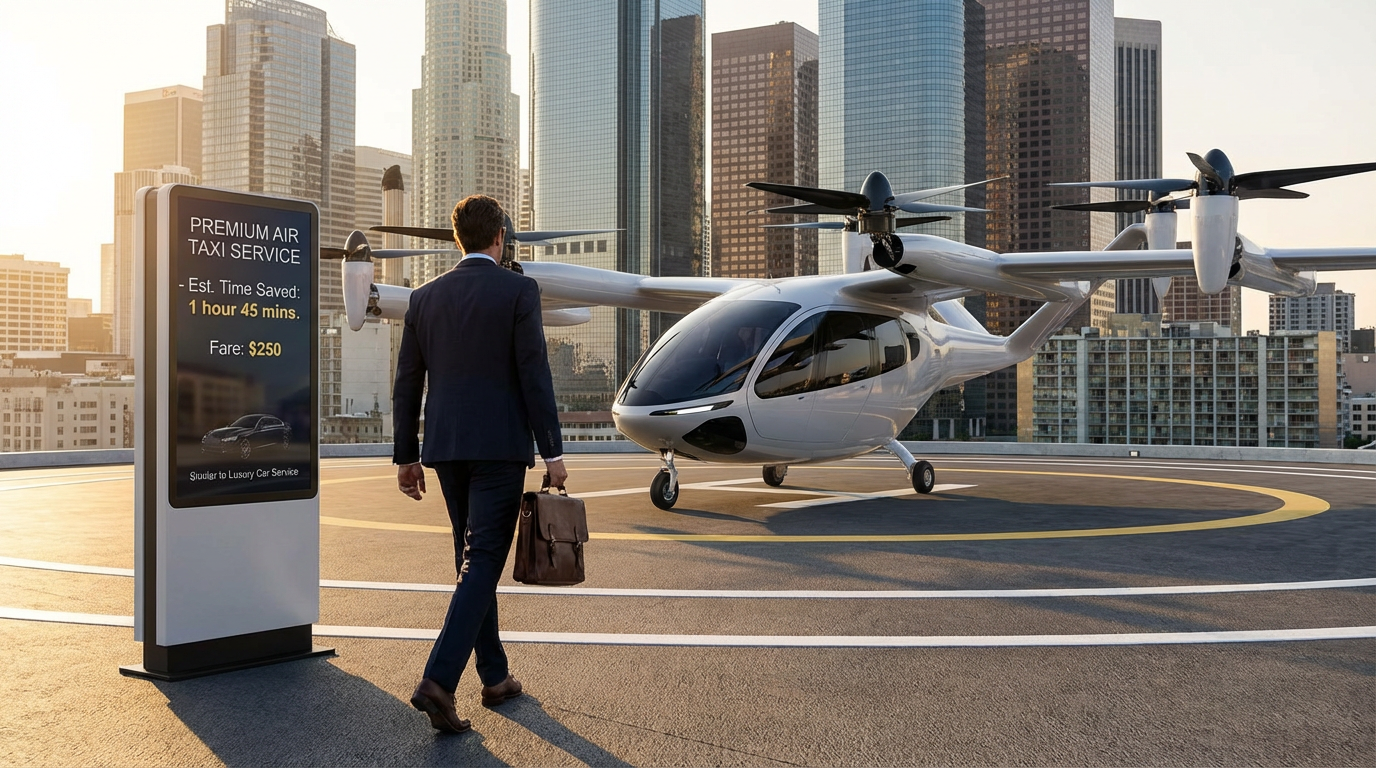 Inside the luxury cabin of a SkyDrive air taxi overlooking Florida.