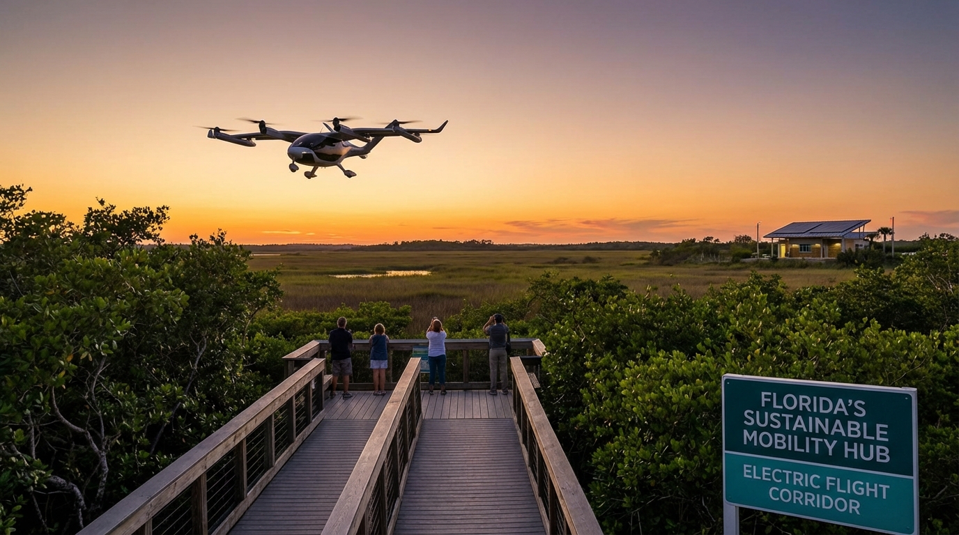 Eco-friendly vertiport with electric aircraft integrated into a green urban space.