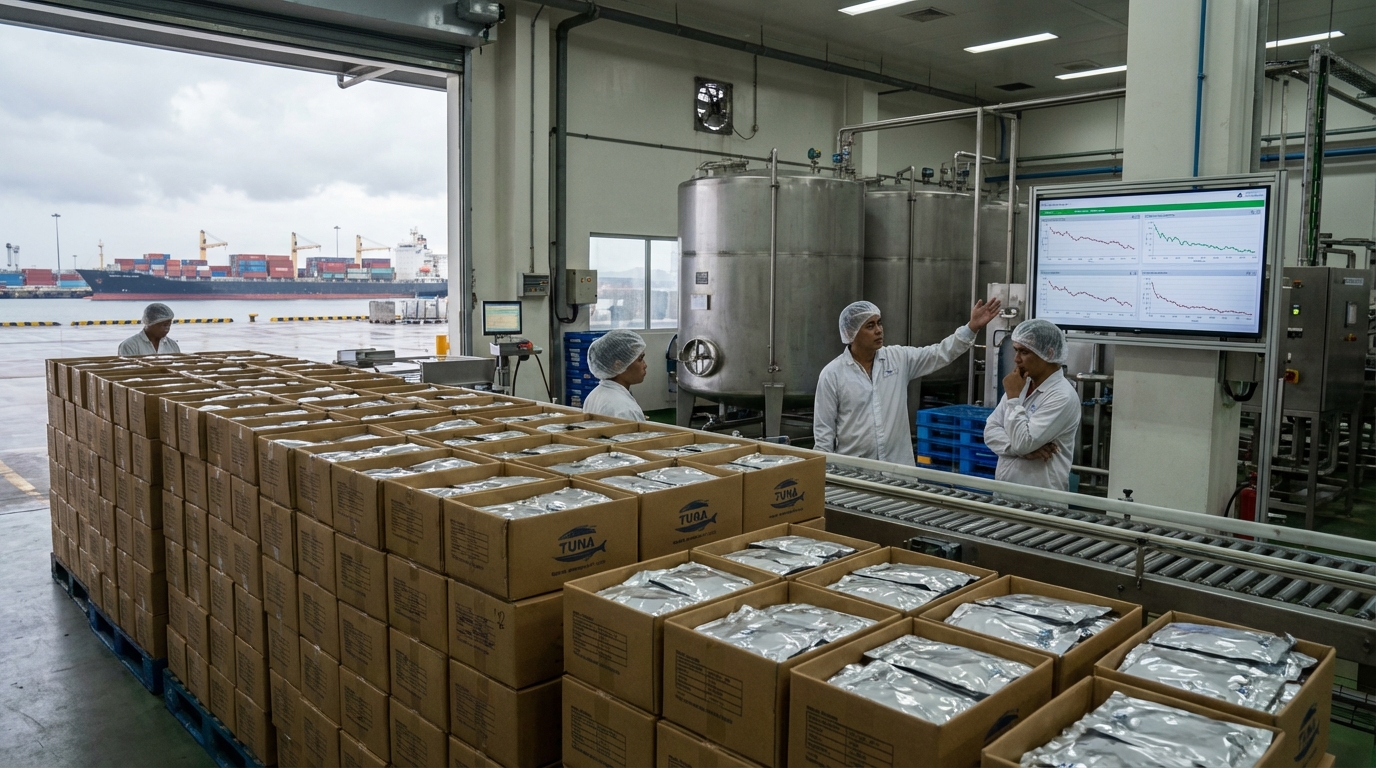 Sealed tuna pouches sitting on a kitchen counter symbolizing consumer market trends.
