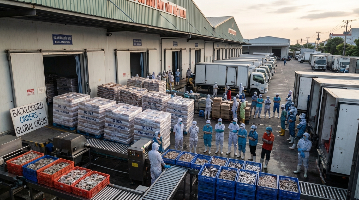 A large-scale seafood export warehouse with stacked pallets of goods.