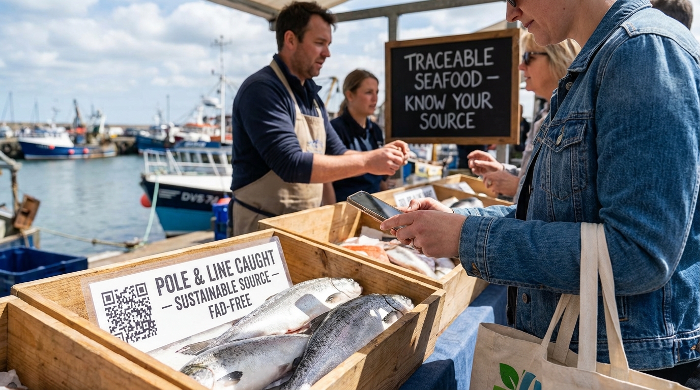 A person scanning a food product label with a smartphone to check for sustainability information.