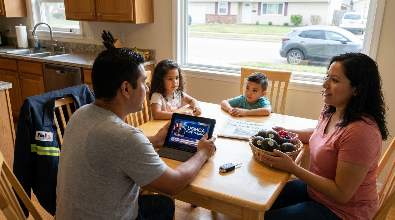 A family enjoying the benefits of stable trade through affordable consumer goods.