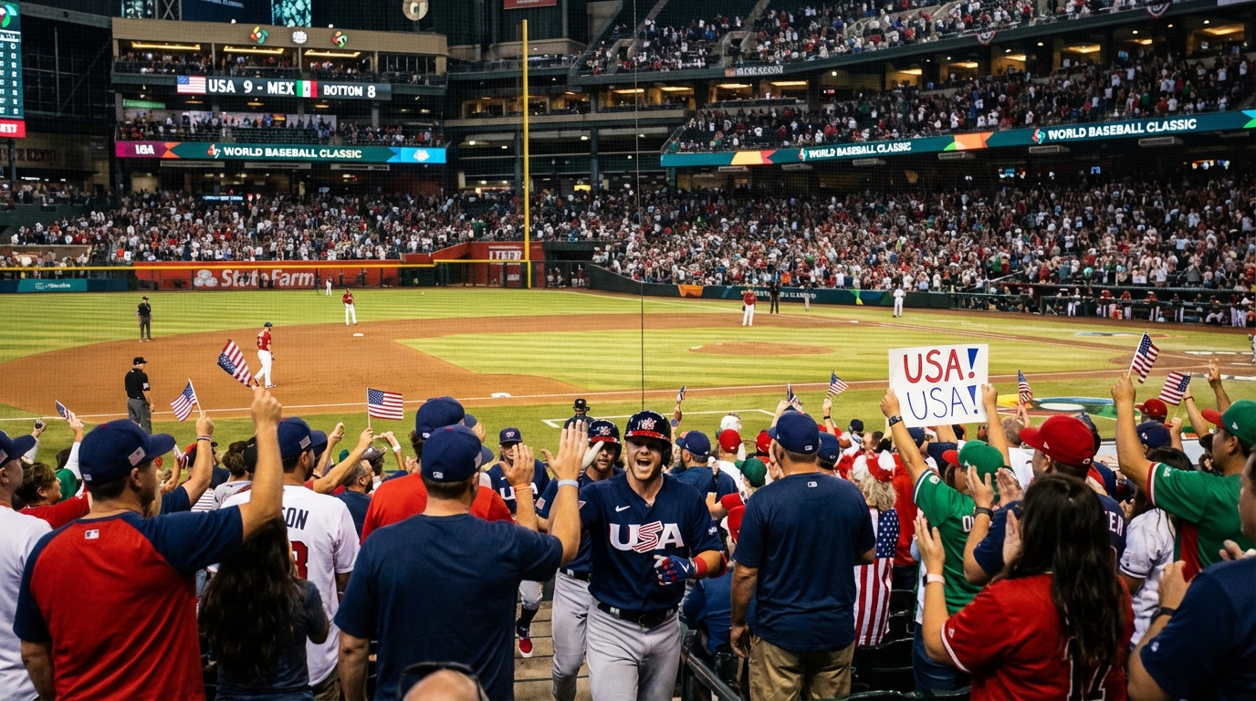 A packed baseball stadium at night during a high-stakes international tournament.