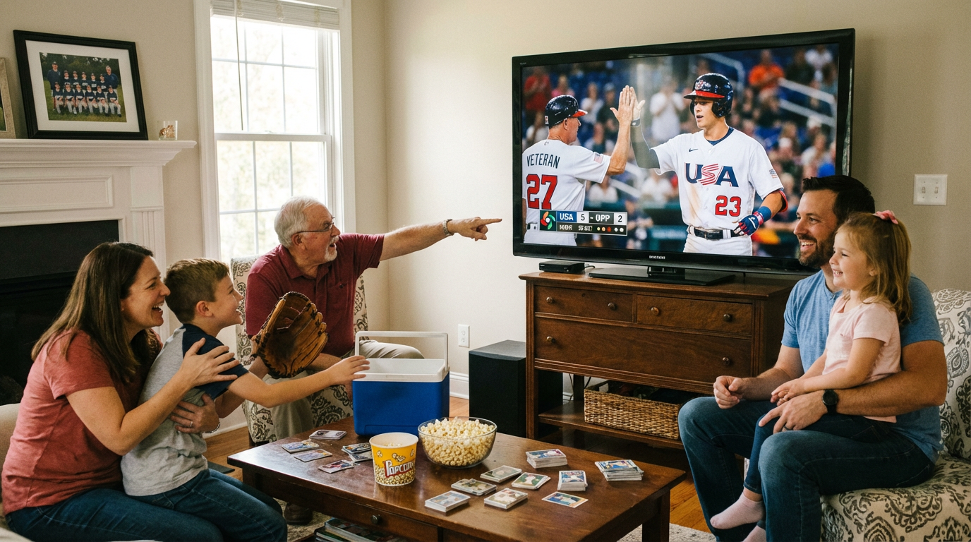A family celebrating a victory while watching baseball on television.