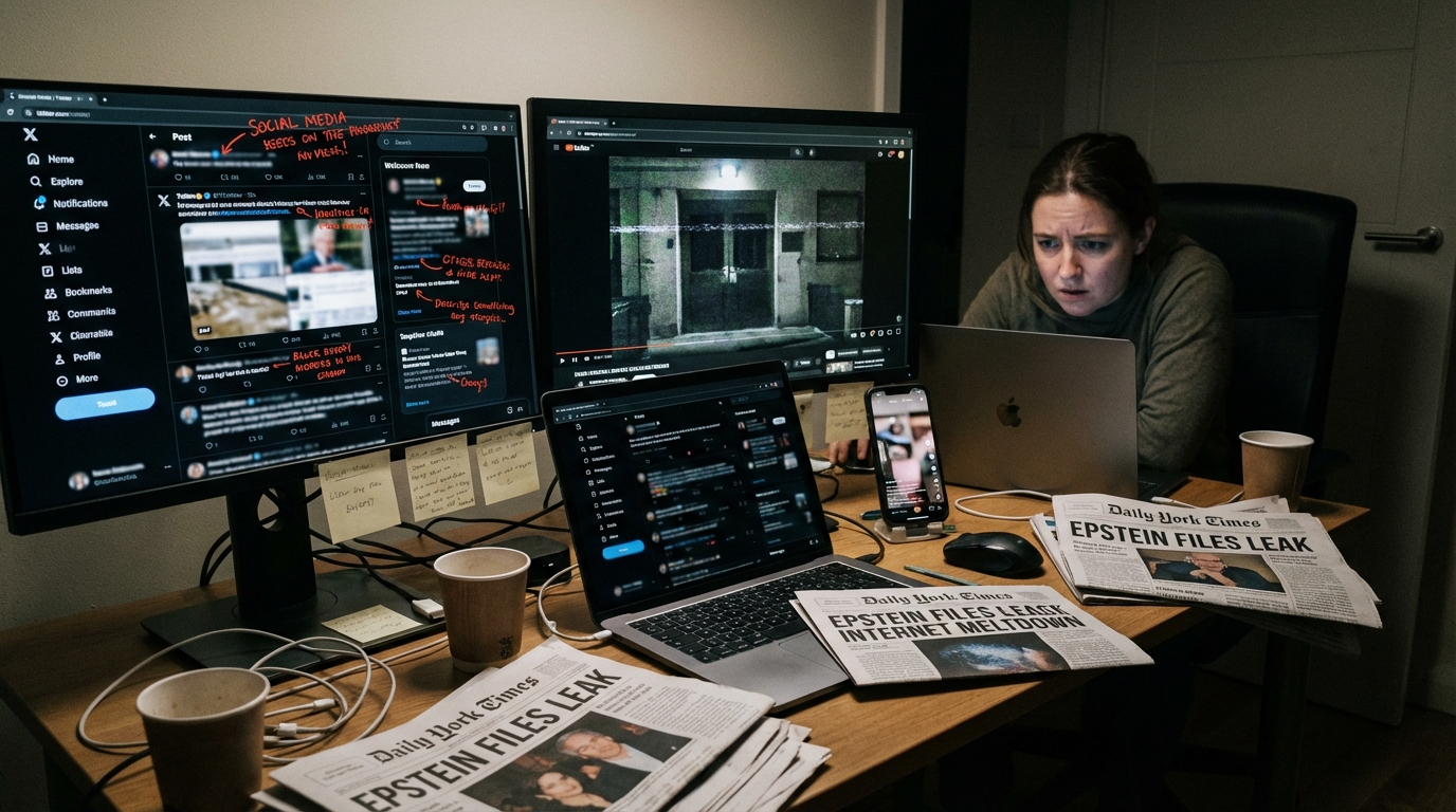 A futuristic digital newsroom displaying breaking news about viral video files.