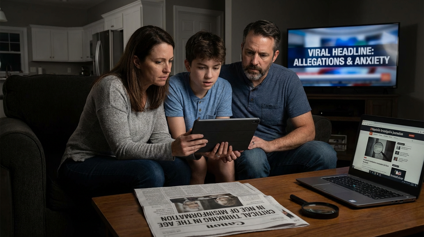 Silhouette of a family observing a massive wall of digital information and news.