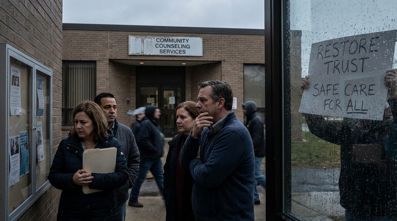 A concerned family looking at news on a tablet in a dimly lit room.