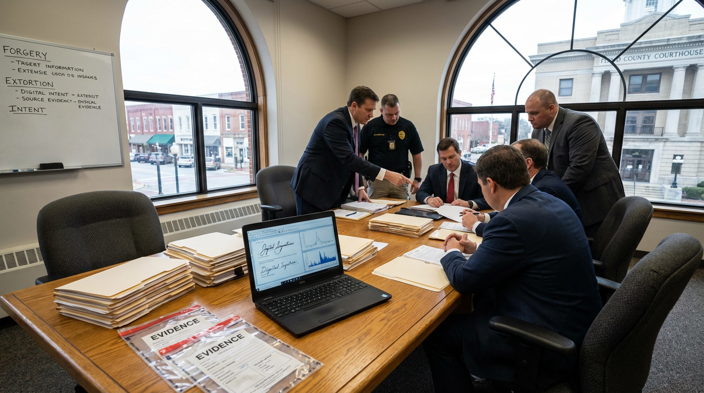 An empty law library with evidence folders on a desk under a lamp.
