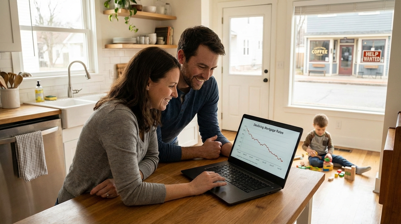 A happy family discussing finances at home