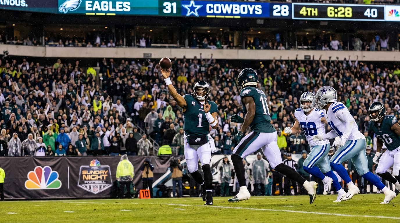 A packed NFL stadium at night during a high-stakes divisional rivalry game.