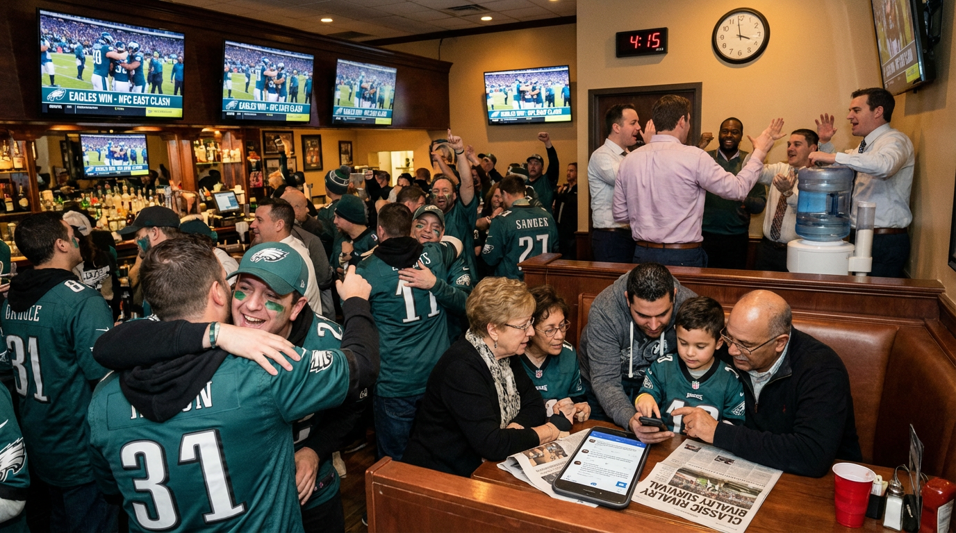 A family enjoying a prime time football game together in their home.