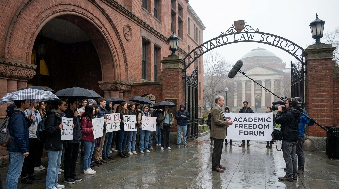 Harvard University campus gate with a legal gavel symbolic of the lawsuit.