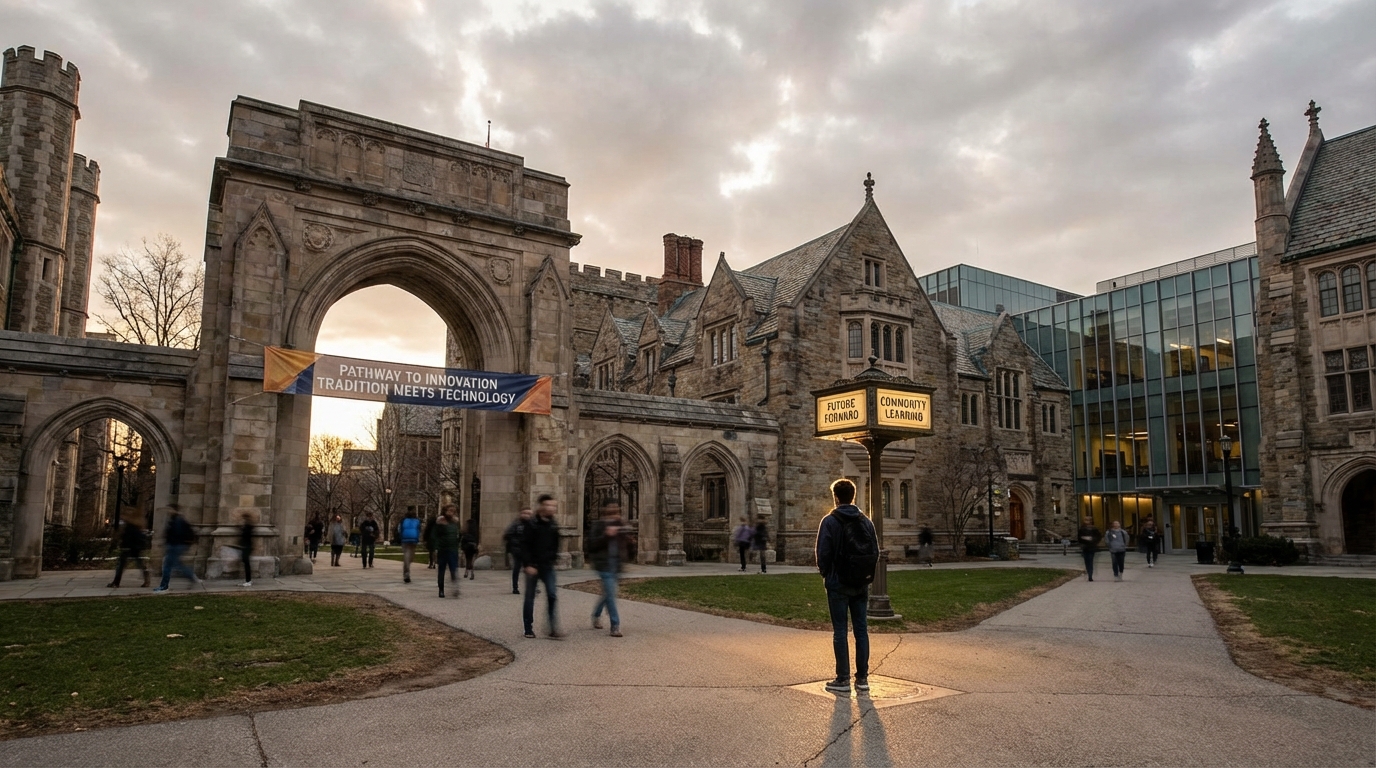 A university statue in the mist symbolizing the uncertain future of higher education.