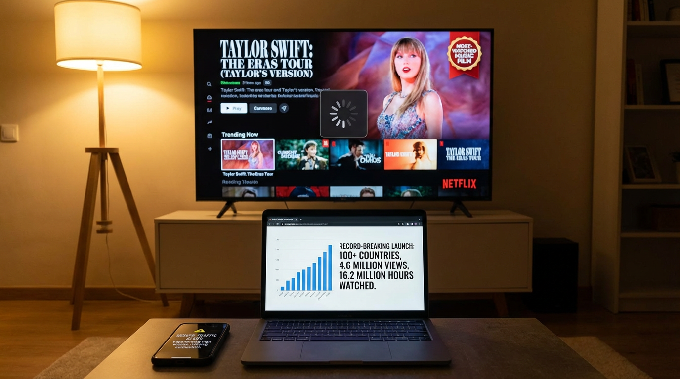 A professional 3D infographic showing record-breaking streaming statistics.