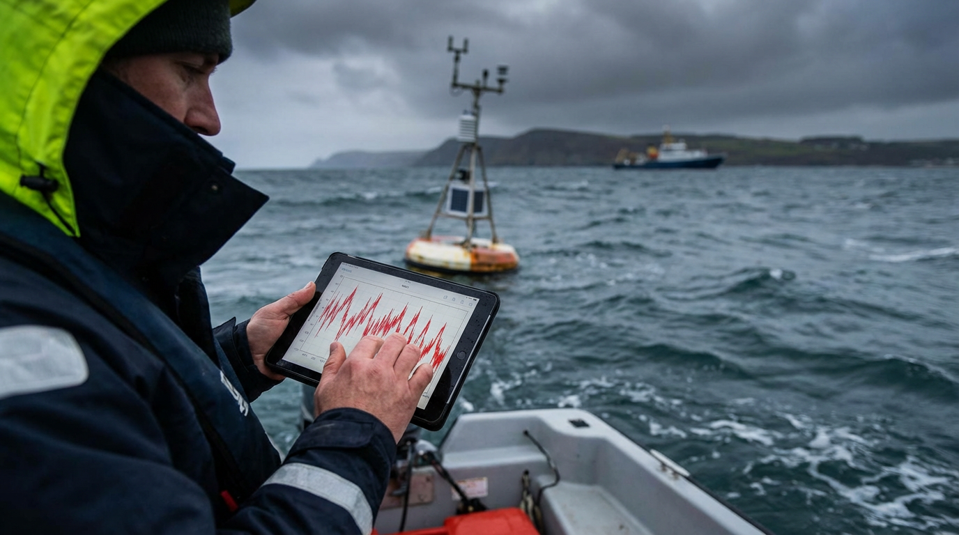 Aerial view of a heated ocean surface with rising thermal vapor and distant storm clouds.