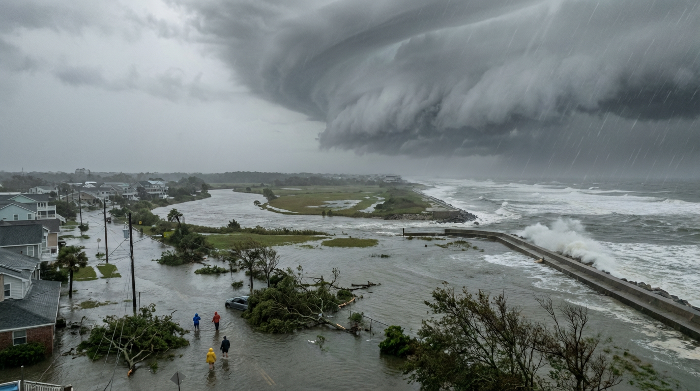 Powerful hurricane forming over a dark, turbulent ocean representing extreme weather intensified by heat.