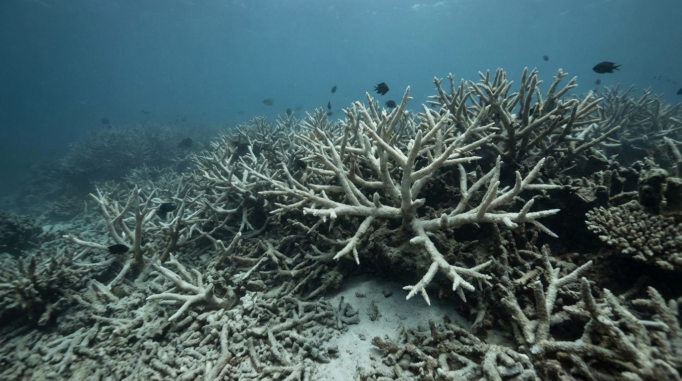 Comparison between a healthy colorful coral reef and a bleached white coral reef due to rising temperatures.