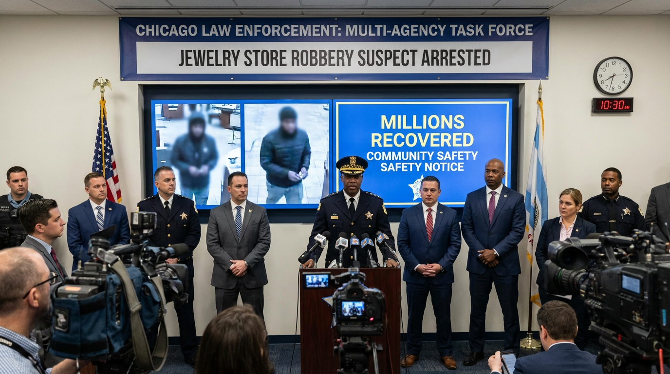 Chicago police vehicle with lights flashing in front of a luxury jewelry store at night.